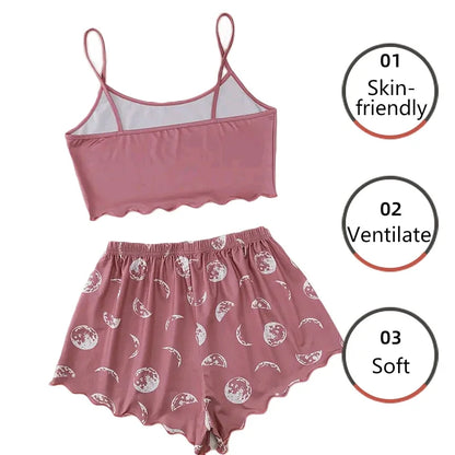 Frauen Pyjama Nachtwäsche Pyjama Set Sport Leibchen und Shorts rosa schwarz Mond und Planet drucken Sommer bequeme Freizeit anzug.