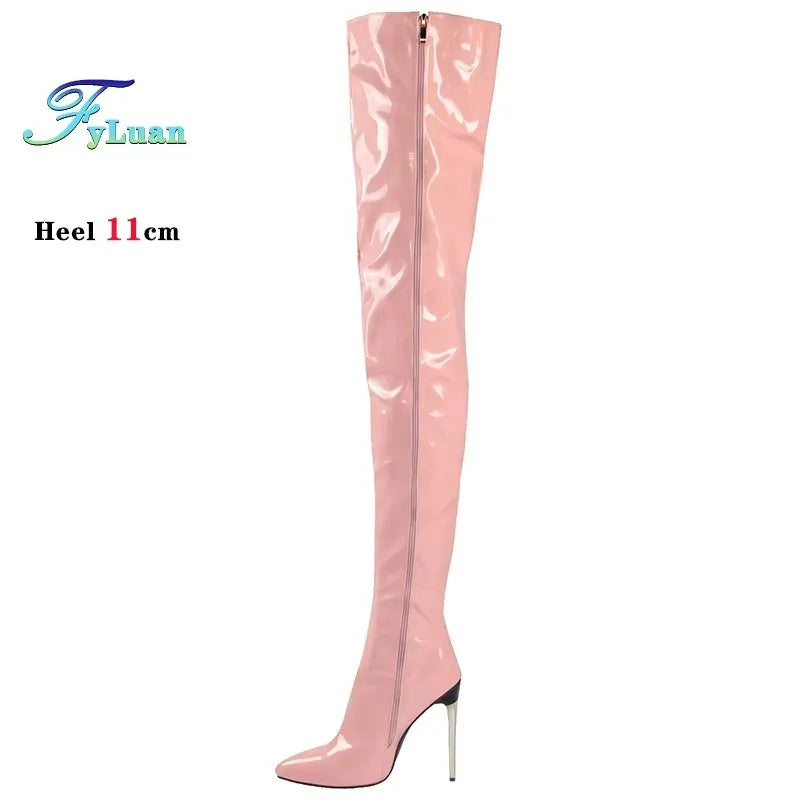 Plus Size 45 46 47 Women Stripper Heels 11CM Stiletto Sexy Pointed toe Red Long Shoes Club Party Over The Knee Thigh High Boots.