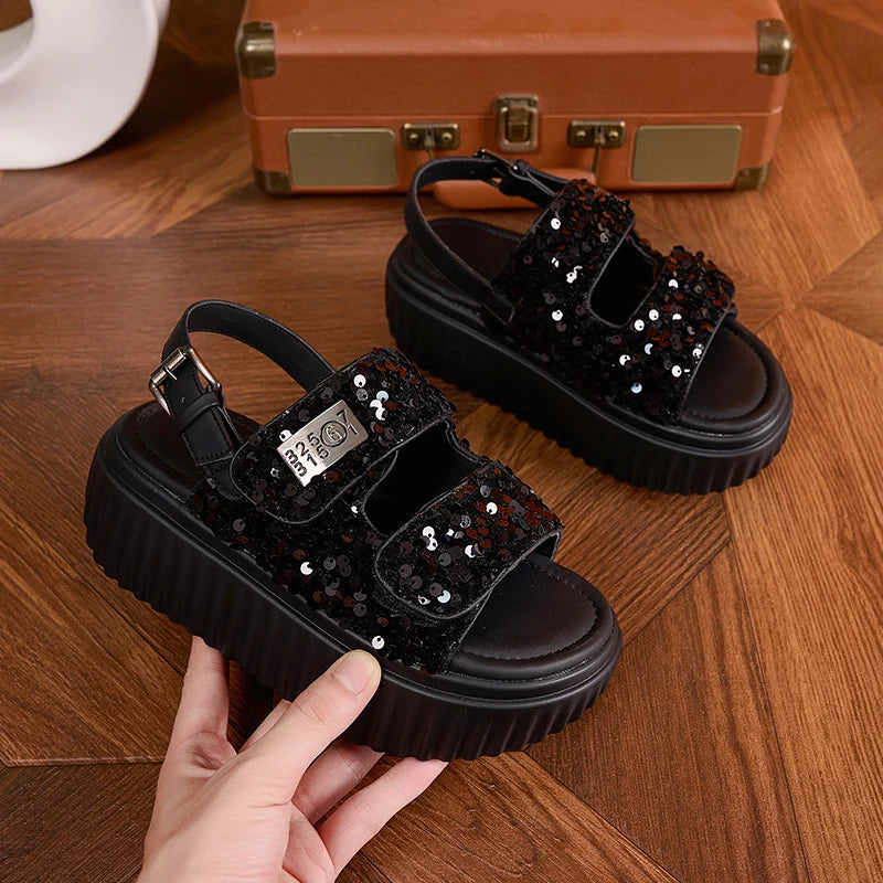 AUTUSPIN 6cm Women Flat Sandals Fashion Platform Ladies Shoes Bling Bling Sequined Cloth Female High Heels Chunky Rome Sandalias.