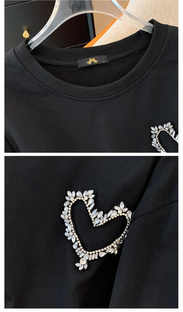 150 kg Übergröße Damen Büste 155 Frühling Herbst Lose Sweatshirt mit hellem Diamantherz Schwarz 5XL 6XL 7XL 8XL 9XL.