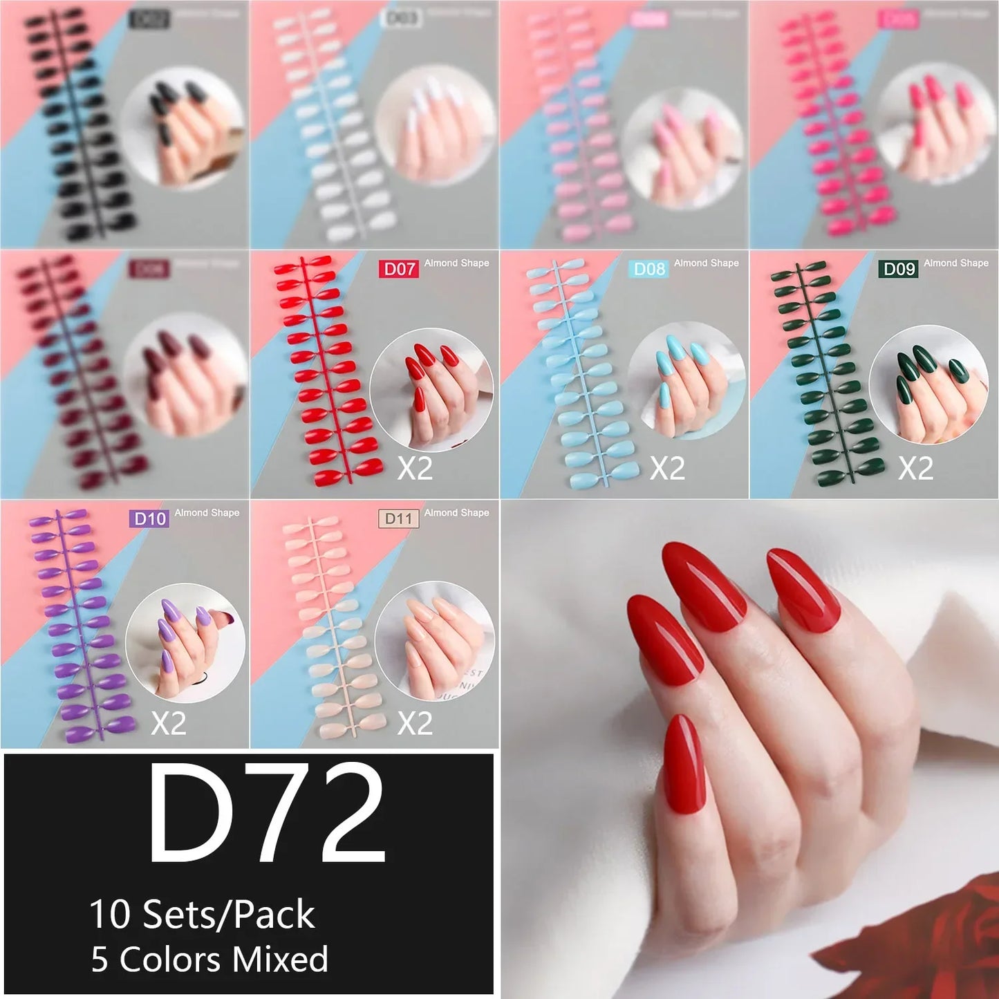 10 Sets/Pack Mixed Solid Colors Coffin Round Square Almond Shape False Nails Full Cover Nail Tips Short Fake Nails Tip Manicure