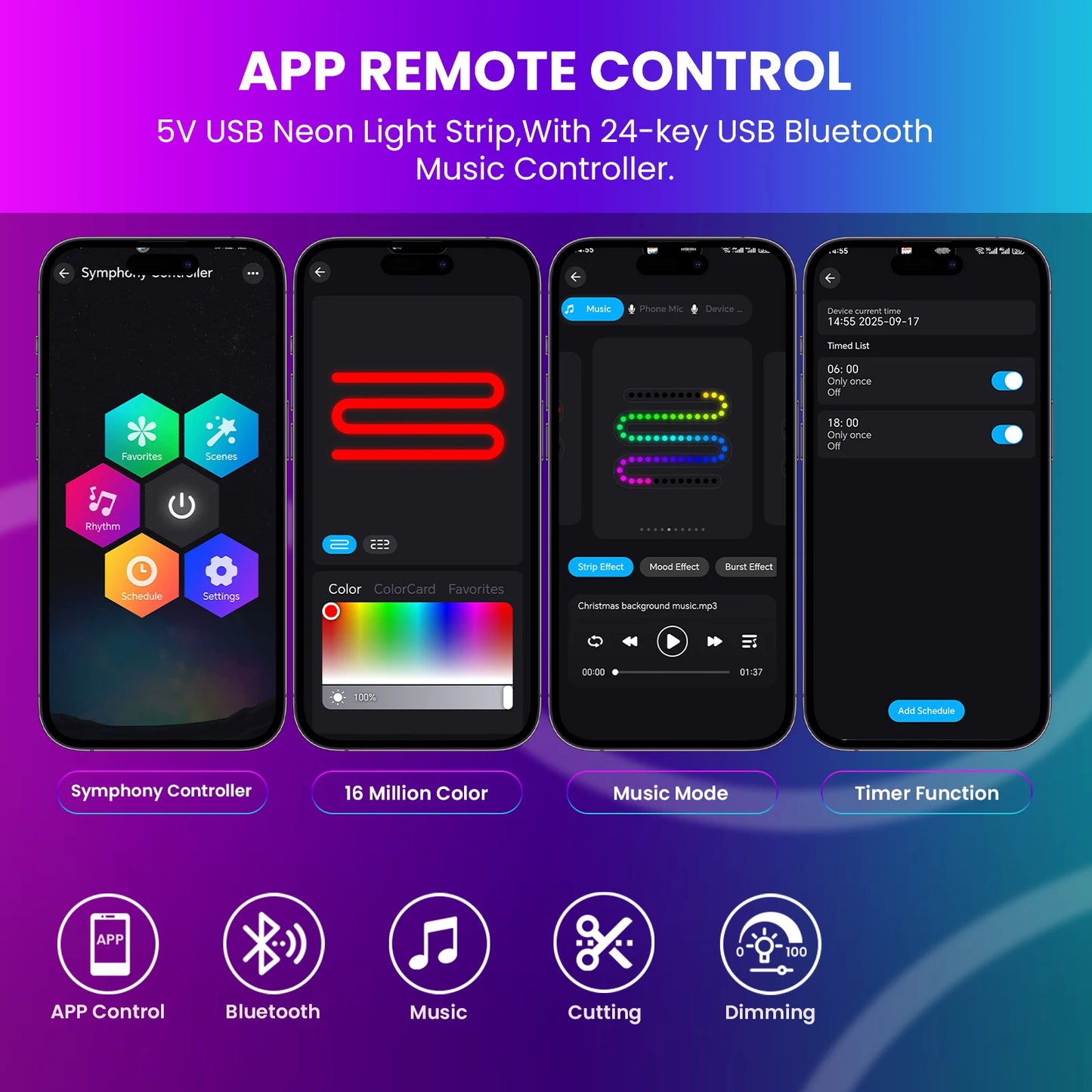 DC5V USB RGB LED Round Neon Light Strip Music Sync Control with App/Remote Addressable Lamp IP67 Waterproof for Indoor Outdoor.