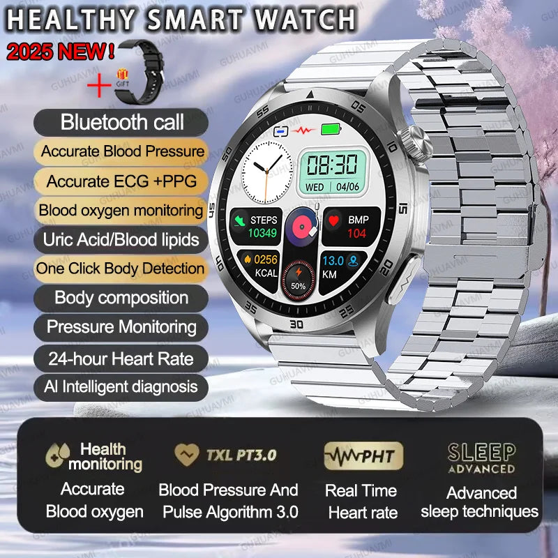 2025New Micro Physical Examination Blood Lipids Uric Acid Blood Pressure Smart Watch ECG+PPG Clock Bluetooth Call Smartwatch Men