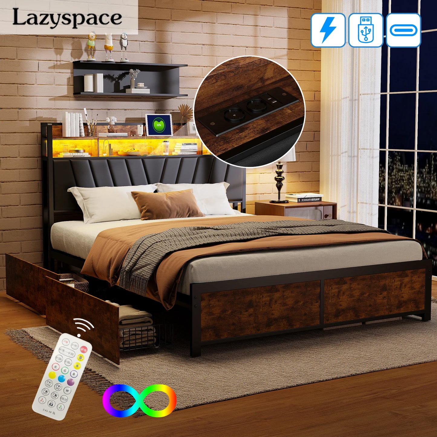 Lazyspace Metall-Doppelbett 160 x 200 cm mit 4 Schubladen, Bettrahmen mit USB-Ladeanschluss und LED-Kopfteil, schwarz, ohne Matratze
