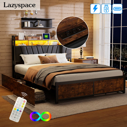 Lazyspace Metall-Doppelbett 160 x 200 cm mit 4 Schubladen, Bettrahmen mit USB-Ladeanschluss und LED-Kopfteil, schwarz, ohne Matratze