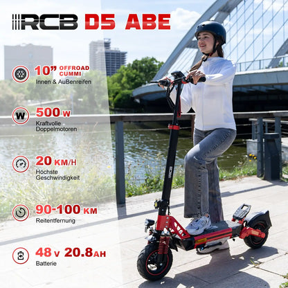 RCB Electric Scooter D5 Pro/D5 (ABE), 48V 27/20.8 Ah Battery, 500W Motor, 10“ Flatproof  Tyre, Dual Shock Absorption E Scooter.