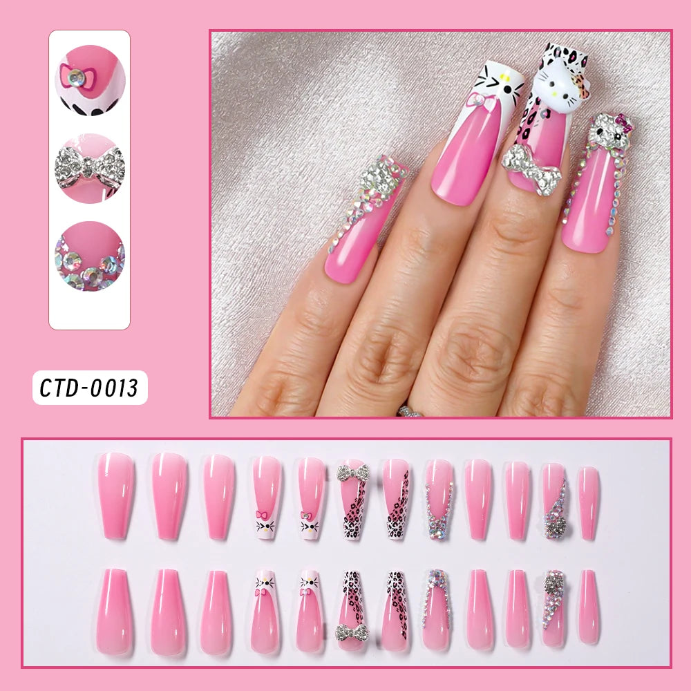 24Pcs Long Square Pink Hello Kitty False Nails French Wearable Full Cover Fake Nails Kitty Cat Bow Heart Design Press On Nails.