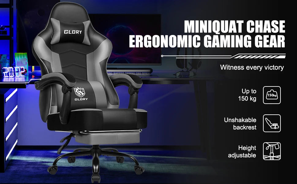 Daccormax 170 °   Liegender Gaming-Stuhl mit ausziehbarer Fußstütze, ergonomischer Bürostuhl mit Lordosenstütze und Kopfstützenkissen