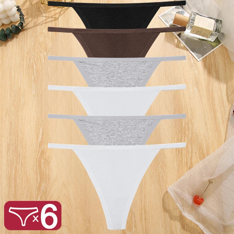 FINETOO 6PCS/Set Sexy Women Cotton G-String Underwear Low Waist Panties Girl T-back Panty Soft Thin Strap Femme Thong Lingerie