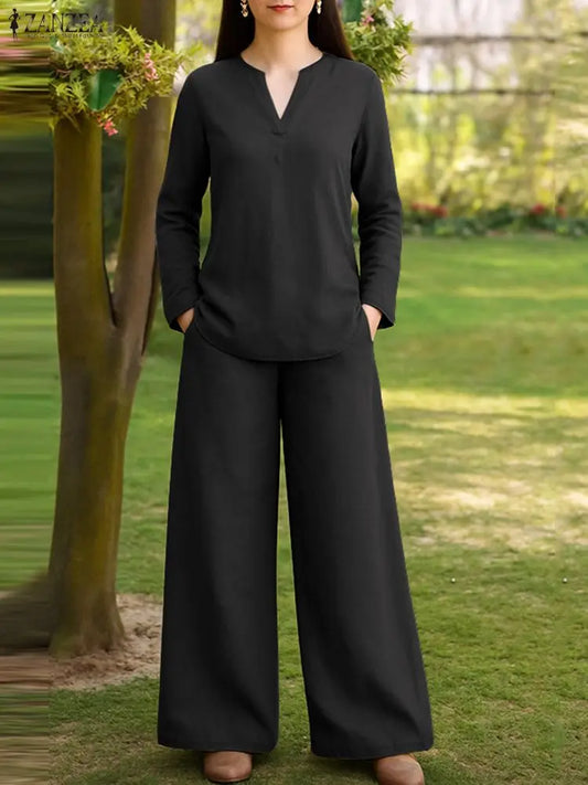 2025 ZANZEA Stylish Autumn 2 Piece Sets Women Outfit Casual V Neck Long Sleeve Tops Pant Set Solid Loose Work Tracksuit Oversize.