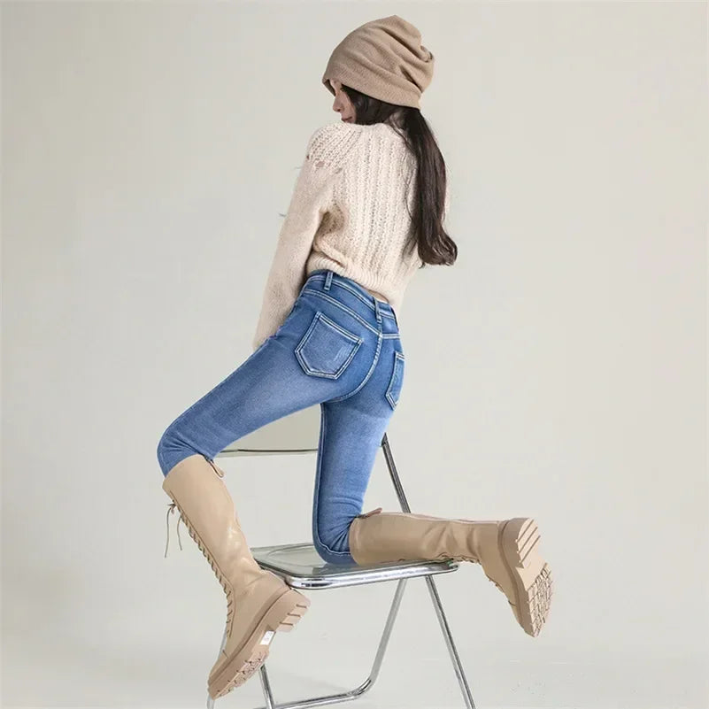 Frauen Thermische Dünne Jeans Mom Winter Warme Plüsch Stretch Jeans Dame Fleece Schnee Denim Hosen Student Bleistift Gerade Bein Hosen