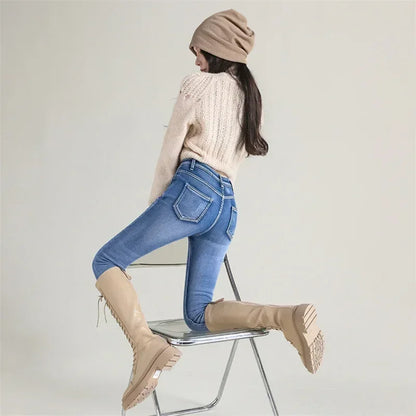 Frauen Thermische Dünne Jeans Mom Winter Warme Plüsch Stretch Jeans Dame Fleece Schnee Denim Hosen Student Bleistift Gerade Bein Hosen