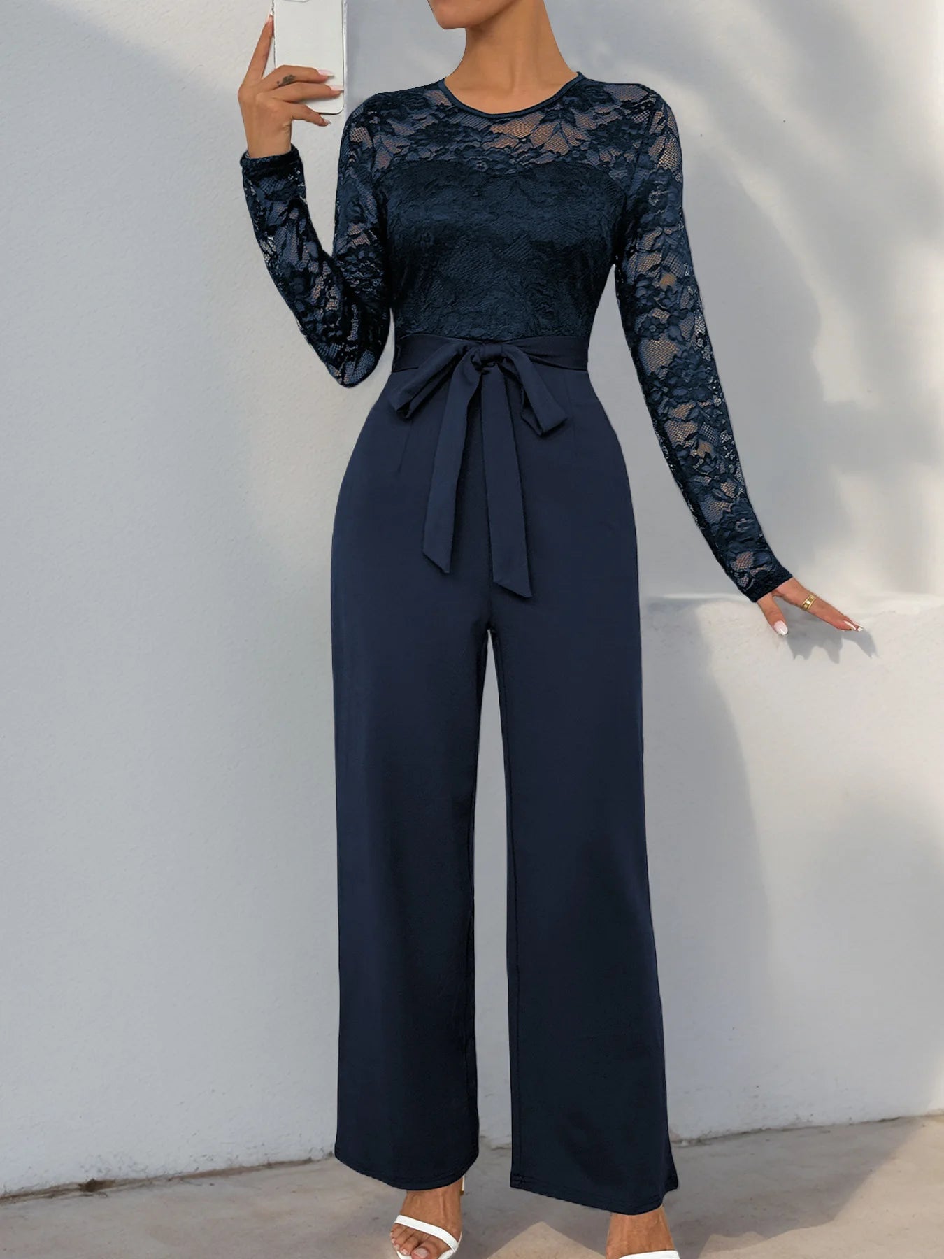Spring New Women's Sexy Lace Spliced Long Jumpsuit Fashion Solid Color Hollow Long Sleeve Casual Laces Wide Leg Jumpsuit Women.