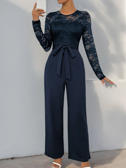 Spring New Women's Sexy Lace Spliced Long Jumpsuit Fashion Solid Color Hollow Long Sleeve Casual Laces Wide Leg Jumpsuit Women.