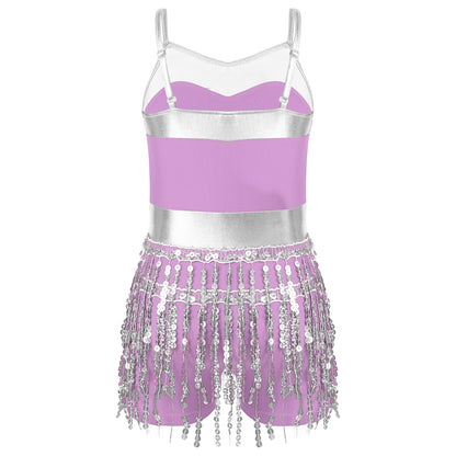 Kinder Mädchen Latin Tanz Kostüm Jazz Samba Cha-Cha Eiskunstlauf Trikot Kleid glänzende Pailletten Quaste Bodysuit für Bühnen performance