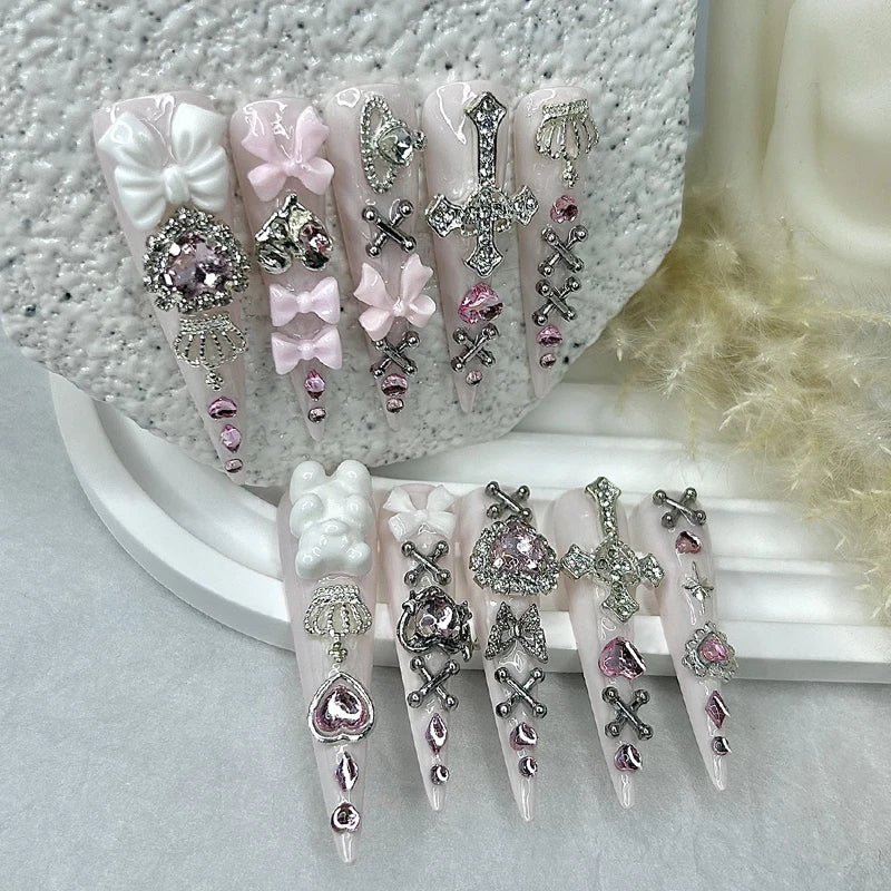 10PCS Y2K Pink Jirai Cute Long Handmade Press On Nails Shibuya Gyaru Bow Heart Cross Diamond Crown Stiletto Fake Nails Nail Art.