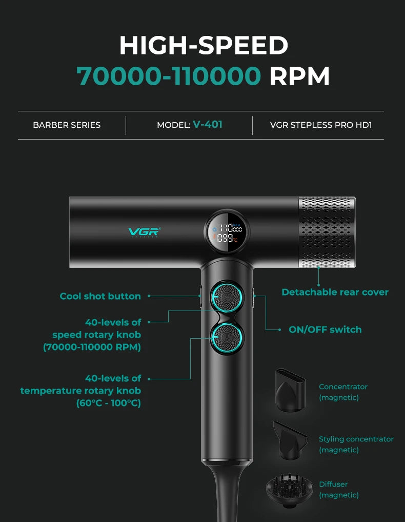 VGR Hair Dryer Professional Hair Dryer Machine Hot and Cold Adjustment Air Blower Brushless Motor 110000 RPM Barber Salon V-401
