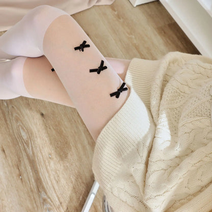 Handmade Velvet Stockings Swan Velvet Patchwork Fake Thigh Pantyhose Multiple Butterfly Knots White Silk Leggings.