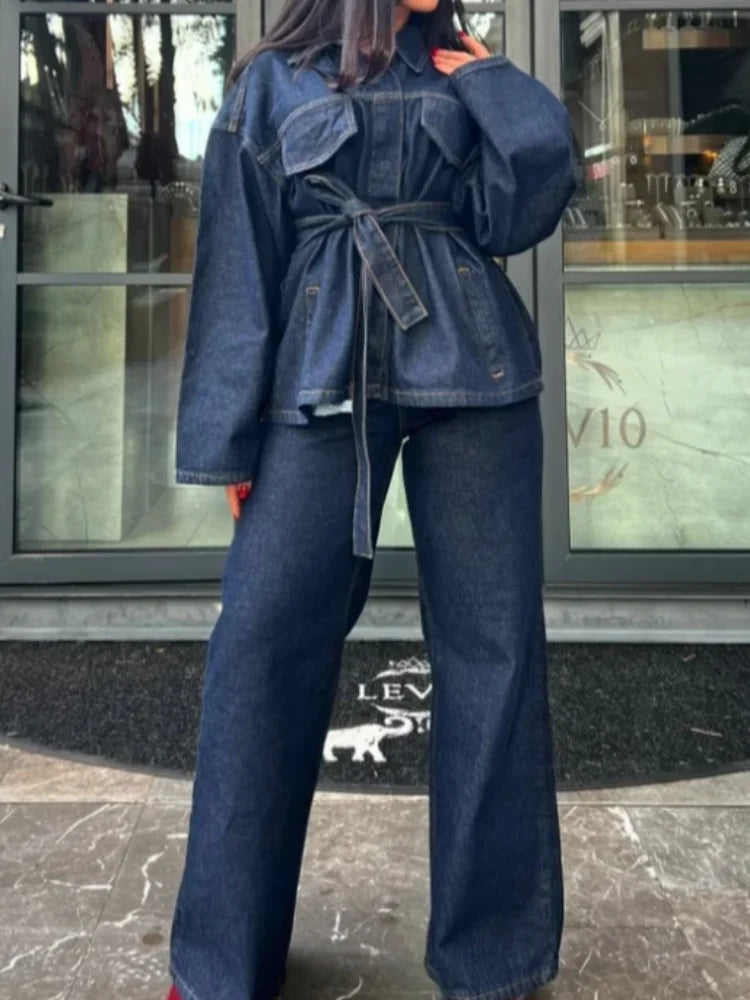 Retro Classic Denim Jacket Pants 2pcs Set Strap Coat Women Straight Leg Pants Autumn Stylish Women's Casual Suit.
