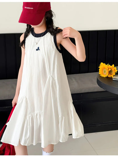 Neues Sommer-Mädchen-Prinzessinnenkleid für Kinder, ärmelloses Kleid mit Rüschen, Design-Kleider für Teenager, Kinder, lässiges Urlaubs-Strandkleid.