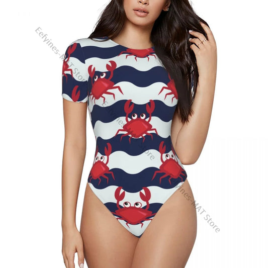 Frau schlanke Boden Overall nautische Krabben niedlichen Krabben und gestreiften Hintergrund weibliche kurze Overall Bodysiut sexy Kleidung.