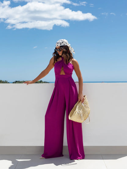 2025 Summer Female Jumpsuits Solid Color Hollow Out But Cross Halter Collar Backless Sexy Lady Wide Legs Jumpsuit Long Pants.