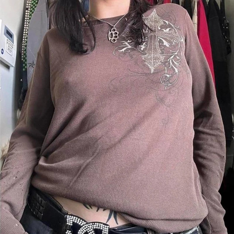 2000s Aesthetic Mall Goth Tees Y2K Cyber Grunge Emo Cross Print T-shirt 90s Vintage Women Autumn Long Sleeve Pullovers Tops.