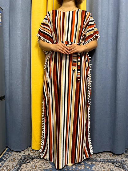 Abayas For Women 2024 Printed Vertical Stripe Tassels Elasticity Loose Fit Femme Robe African Woman Dresses With Belt Headscarf
