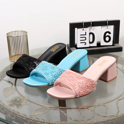High-heeled slippers 2024 summer fashion new thick with square head luxurious ladies slippers coarse heel 6CM.