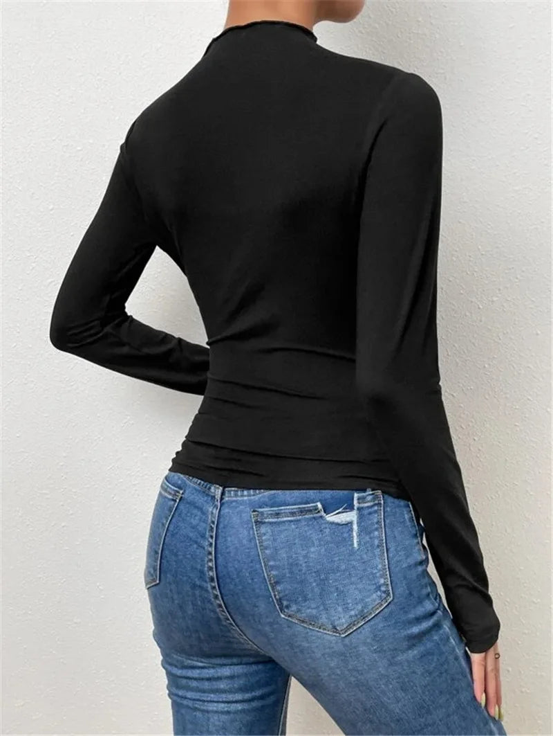 Fashion Solid Color Slim Fit T Shirt Women Trendy All-match Folds Long Sleeve T Shirts Ladies Tops Streetwear 2024 Spring New.