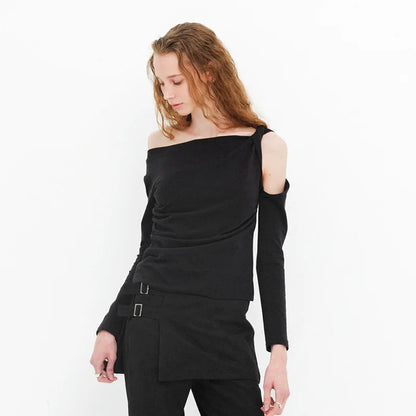 PixieKiki Twisted Hollow Out Off Shoulder Long Sleeve Tops 2000s Clothes Y2k Asymmetrical T Shirts for Woman P85-BE15.