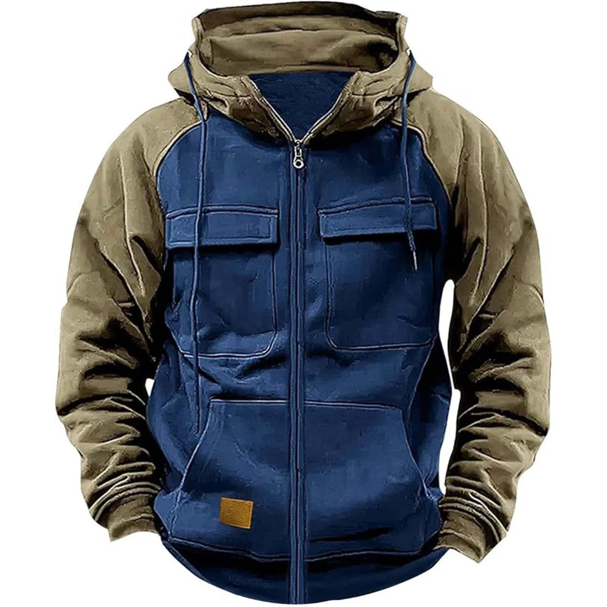 Men's Hooded Sweatshirt Zipper Patchwork Fleece Jacket Warm Sporty Autumn Winter with Multiple Pockets Fashionable Hood.