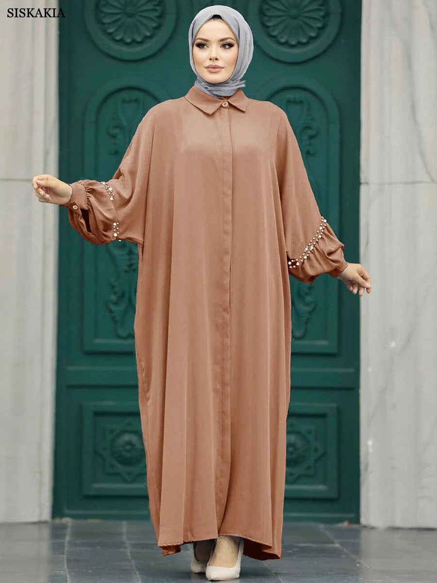 Siskakia Solid Muslim Woman Elegant Beaded Cardigan Long Dress With Loose Batwing Sleeve Moroccan Dubai Saudi Kebaya Robe  2024.