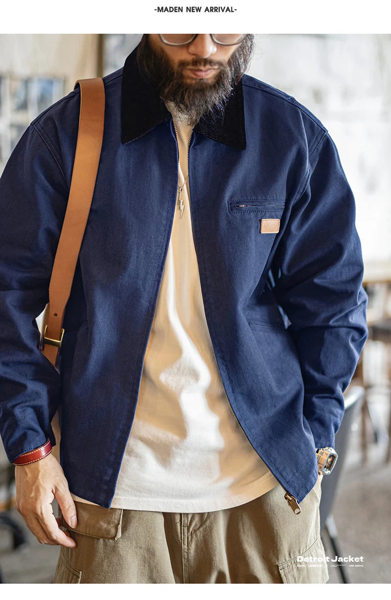 Maden Men's Retro J001 Detroit Jacket Heavyweight Canvas Hunting Coat Lapel Collar Work Jackets with Zipper for Spring Fall