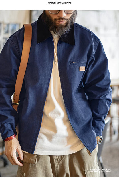 Maden Men's Retro J001 Detroit Jacket Heavyweight Canvas Hunting Coat Lapel Collar Work Jackets with Zipper for Spring Fall