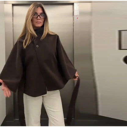 Damenmantel, kurze Cape-Mäntel für Damen, Gürtel, Mäntel aus Kunstwolle und Mischungen, Herbst-Winter, feste Mäntel, elegante Umhangjacke für Damen.