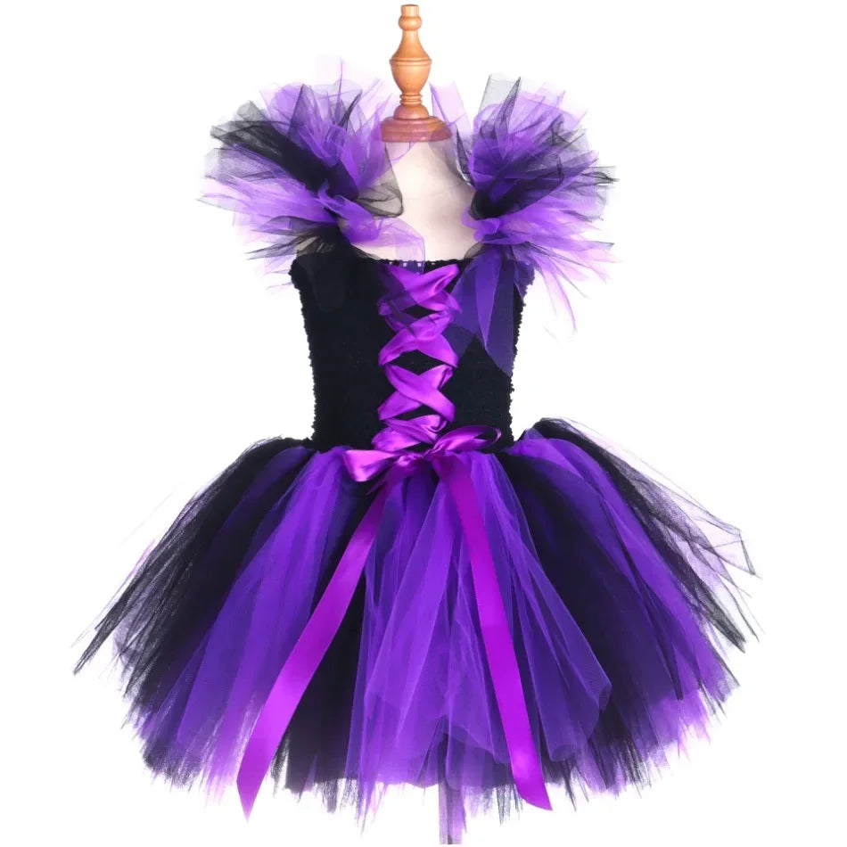 Halloween Malefice Kostüm für Kinder Karneval Party Kleidung Set Hexe böse Königin Cosplay Kostüm für Mädchen Phantasie Tüll Tutu Kleid.