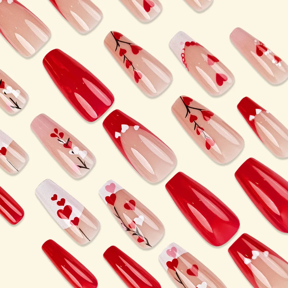 24pcs/set Medium long square fake nails for women girls cute heart flowers feather butterfly design press on false nail art tips.