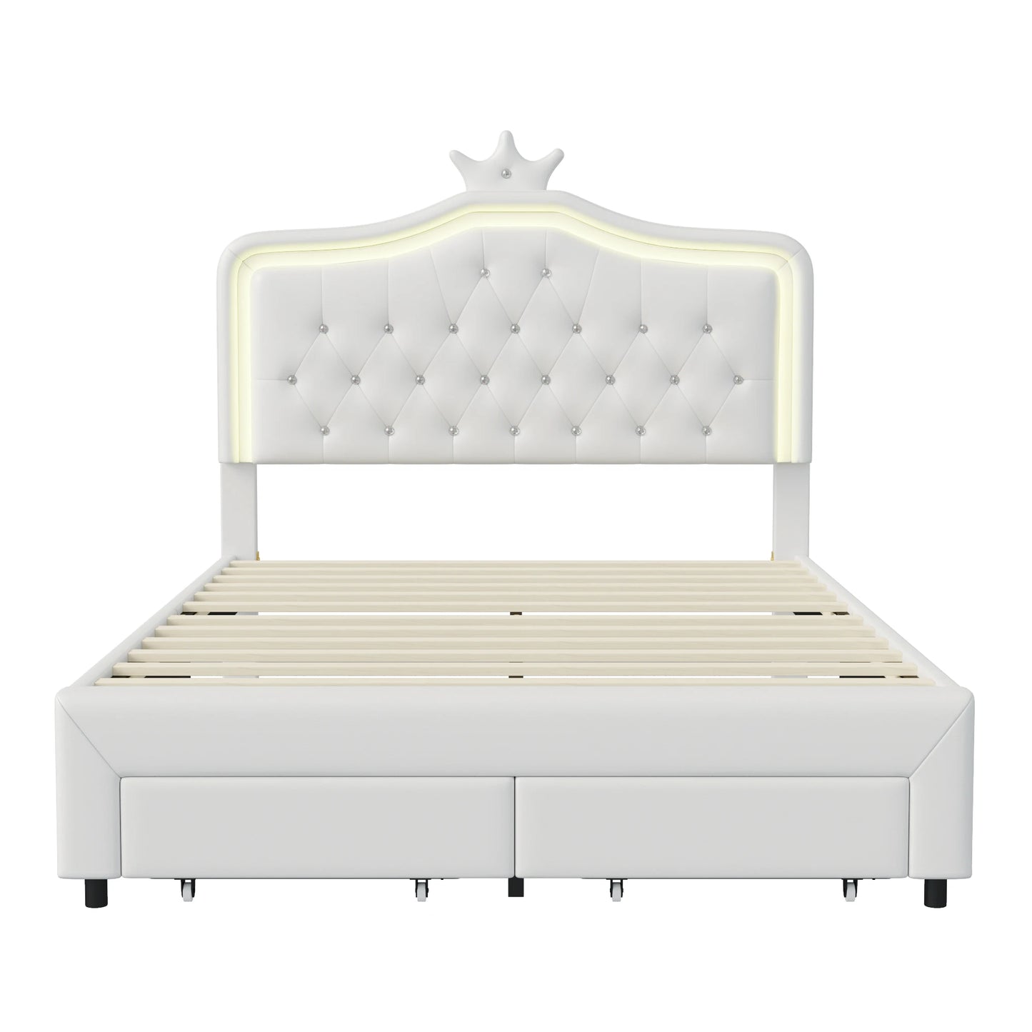 Rosahqnda Kinderbett, gepolsterter Bettrahmen, Krone, Kopfteil, Schubladenschrank, verstellbare Kopfteil-Lederoberfläche