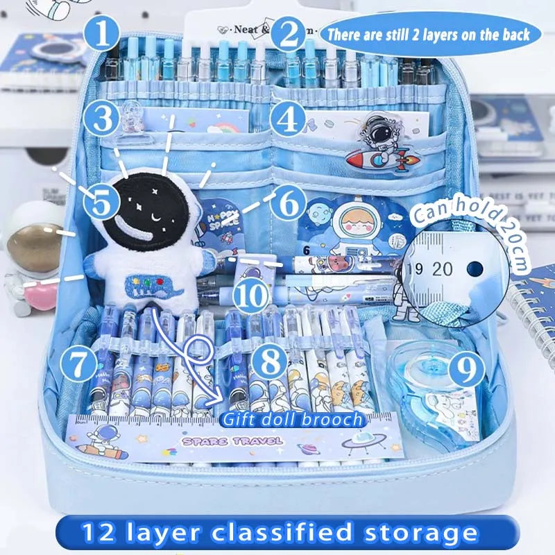 17/31 Astronauten-Federmäppchen-Set, 12-lagige Schreibwarentasche mit großem Fassungsvermögen, Kosmetiktasche, geeignet für Büro- und Schulgebrauch.