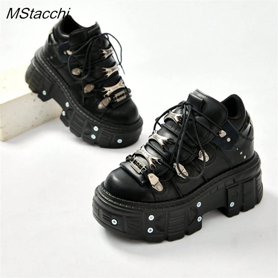 Punk Stil Frauen Schwarze Schuhe Rock Metall Dekor Lace-up Ferse Höhe Plattform Schuhe Gothic Mann Turnschuhe Frauen Stiefeletten 2025, Neue.