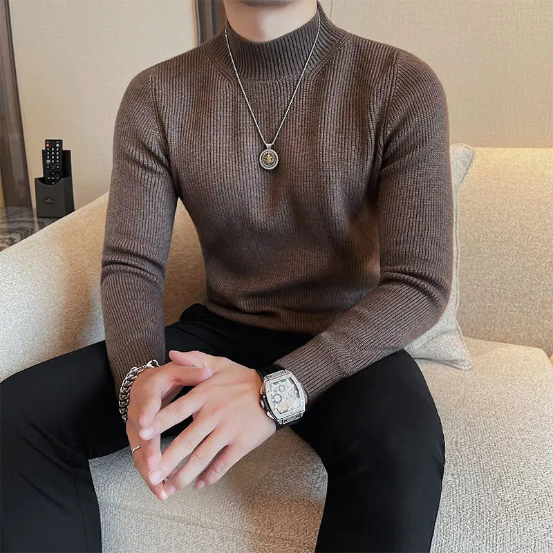Half Turtleneck Sweater Men with Striped Wool in Autumn Winter Thickened Slightly Loose Base Knitted