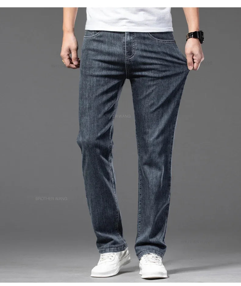 Spring Summer Thin Men's Classic Jeans Elastic Loose Straight Cotton Casual Denim Trousers Brand Clothing Business Male Pants.
