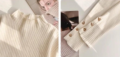 2025, weibliche Casual Tops Pullover Frauen Herbst Winter Gestrickte Dünne Pullover Feste Taste Volle Hülse Halb Hohen Kragen Pullover.