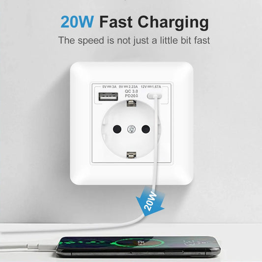 SRAN USB-Wandsteckdose, 20 W, schnelles Laden und 5 V, 2 A, EU-Standard, 82 x 82 mm, flammhemmendes PC-Panel, USB-Typ-C-Kombination.