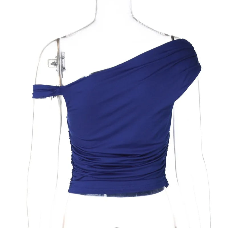 BOOFEENAA Asymmetrical One Shoulder Crop Tops Black Blue Sexy T Shirts for Woman Summer 2025 C95-BA13.