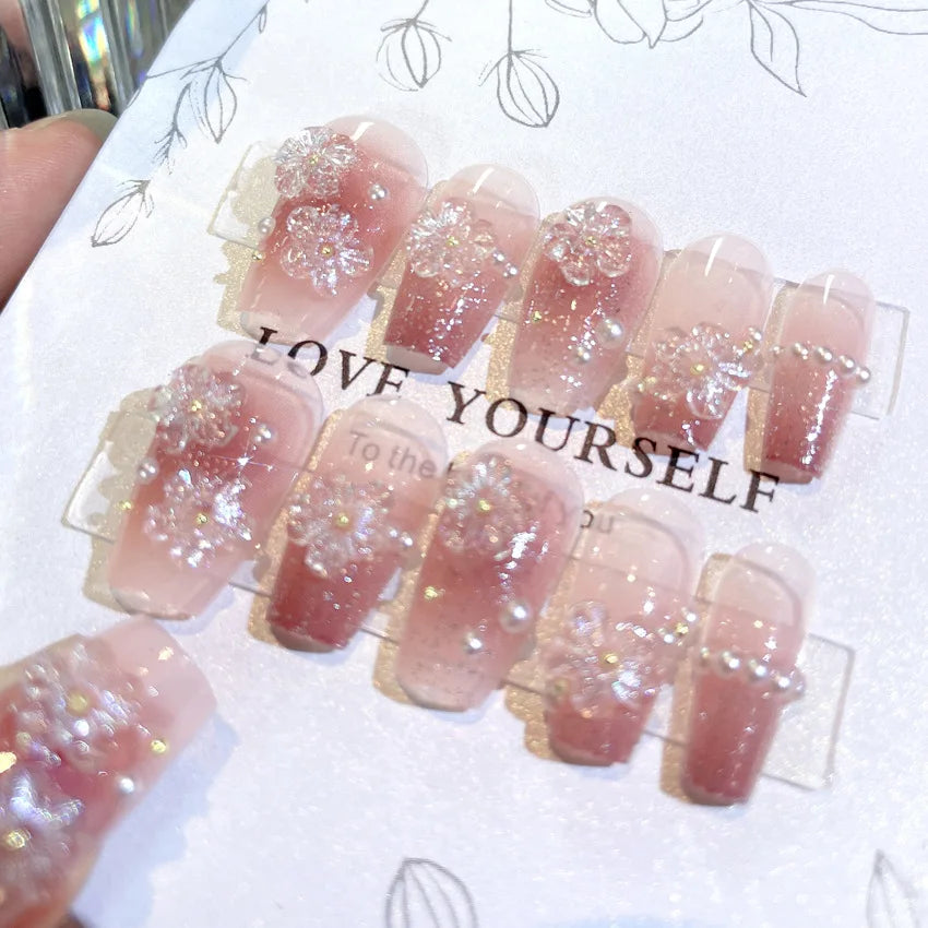 Blush Pink False Nails Bowknot Diamond Pearl 3D Design Press on Nail Tips with Harmless Smooth Edge Nails Woman DIY Fake Nails.