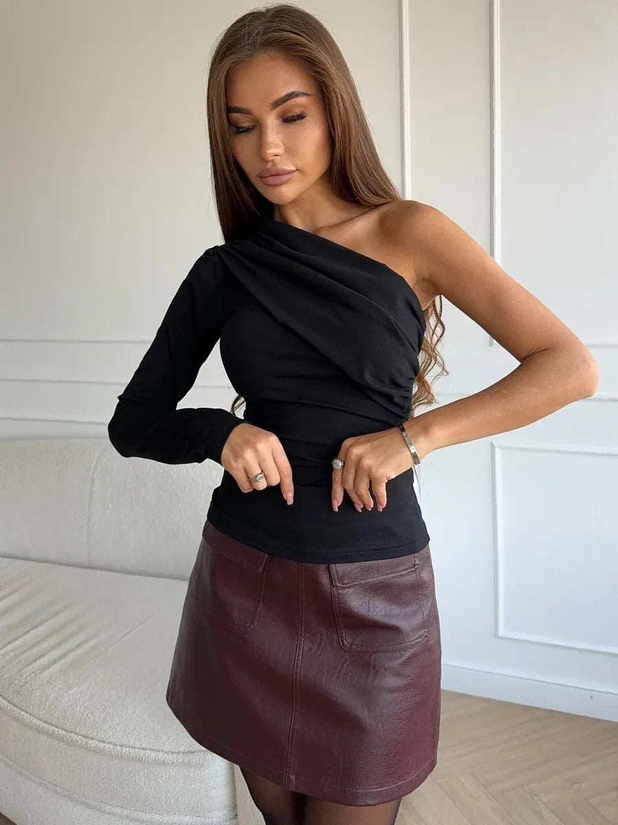 Women's One Shoulder Fit Sexy Night Club Blouse Top Women's Long Sleeve Fitted Elegant With Open Shoulder And Draping Shirt Top.