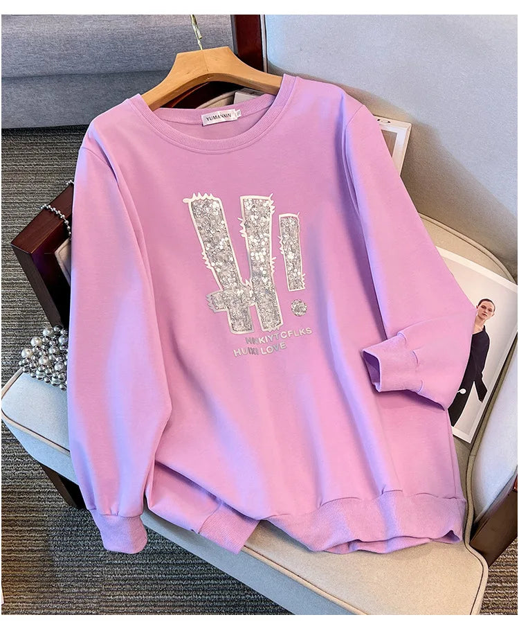 175kg plus size Damen büste Frühling Herbst loser Rundhals ausschnitt Langarm bedrucktes Sweatshirt schwarz lila 5xl 6xl 7xl 8xl 9xl.