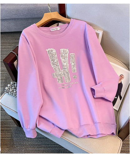 175kg plus size Damen büste Frühling Herbst loser Rundhals ausschnitt Langarm bedrucktes Sweatshirt schwarz lila 5xl 6xl 7xl 8xl 9xl.